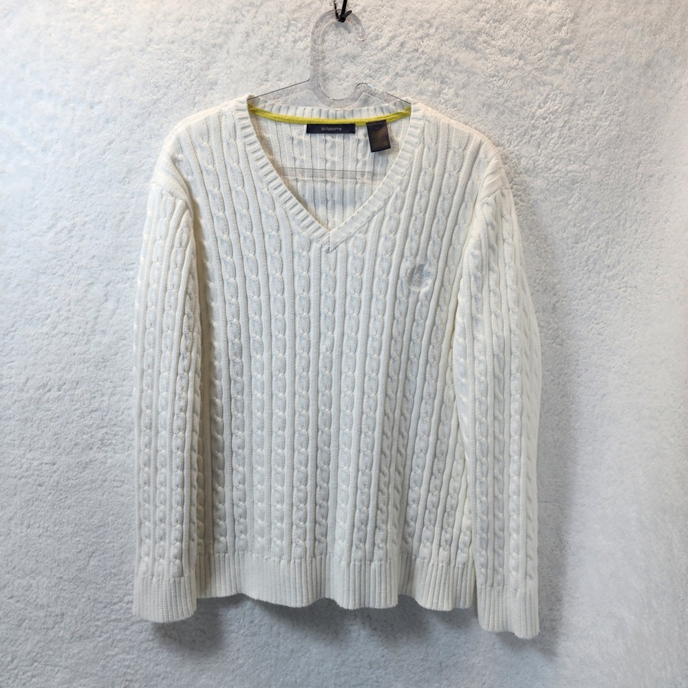 Liz Claiborne Cream Cable Knit V Neck Sweater Women 1X Cotton Neutral Minimalist